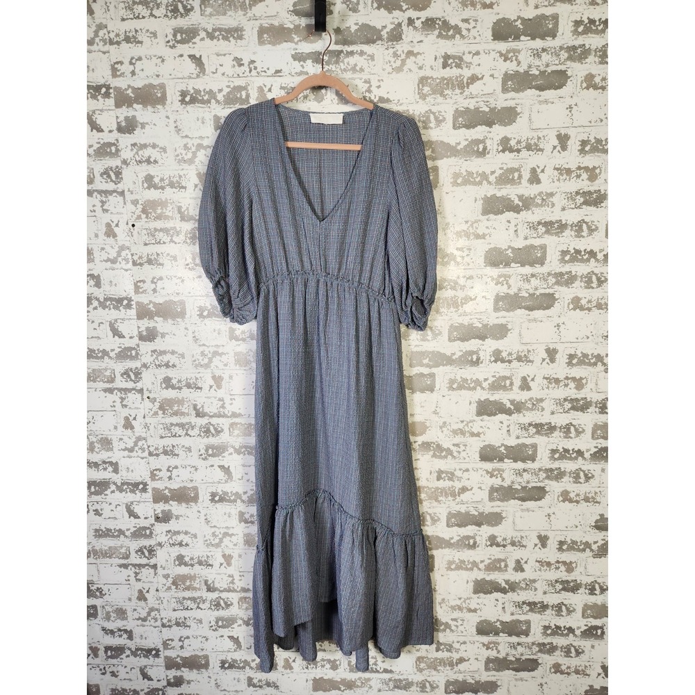 Coastal Cottagecore Midi Dress Medium Gray Blue  Tiered Textured‎ Peasant Boho